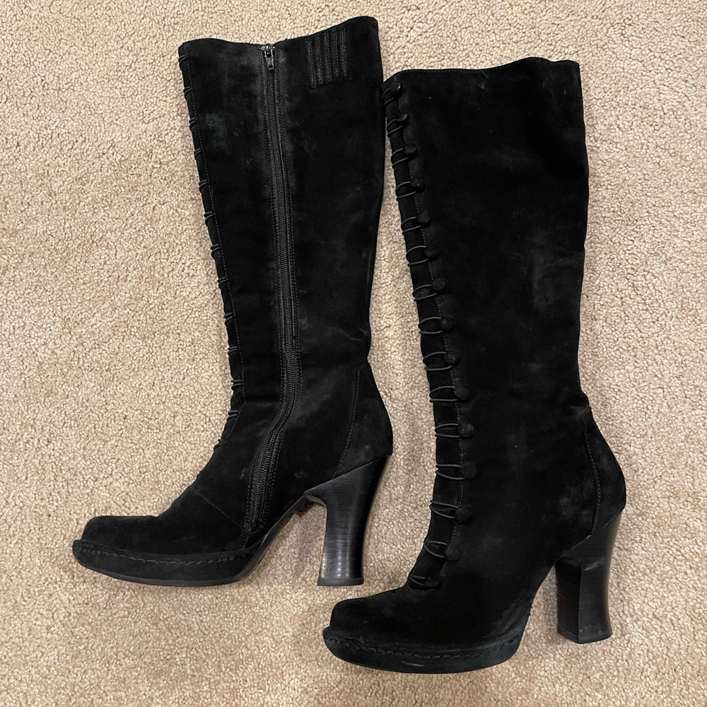 Born Boots Women’s Black Suede Distressed Leather Knee High, Size 8.5